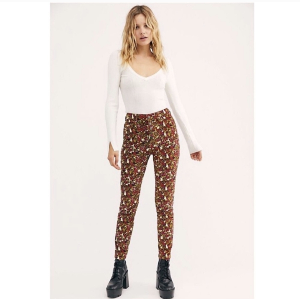 Free People Corduroy Floral Button Fly Pants